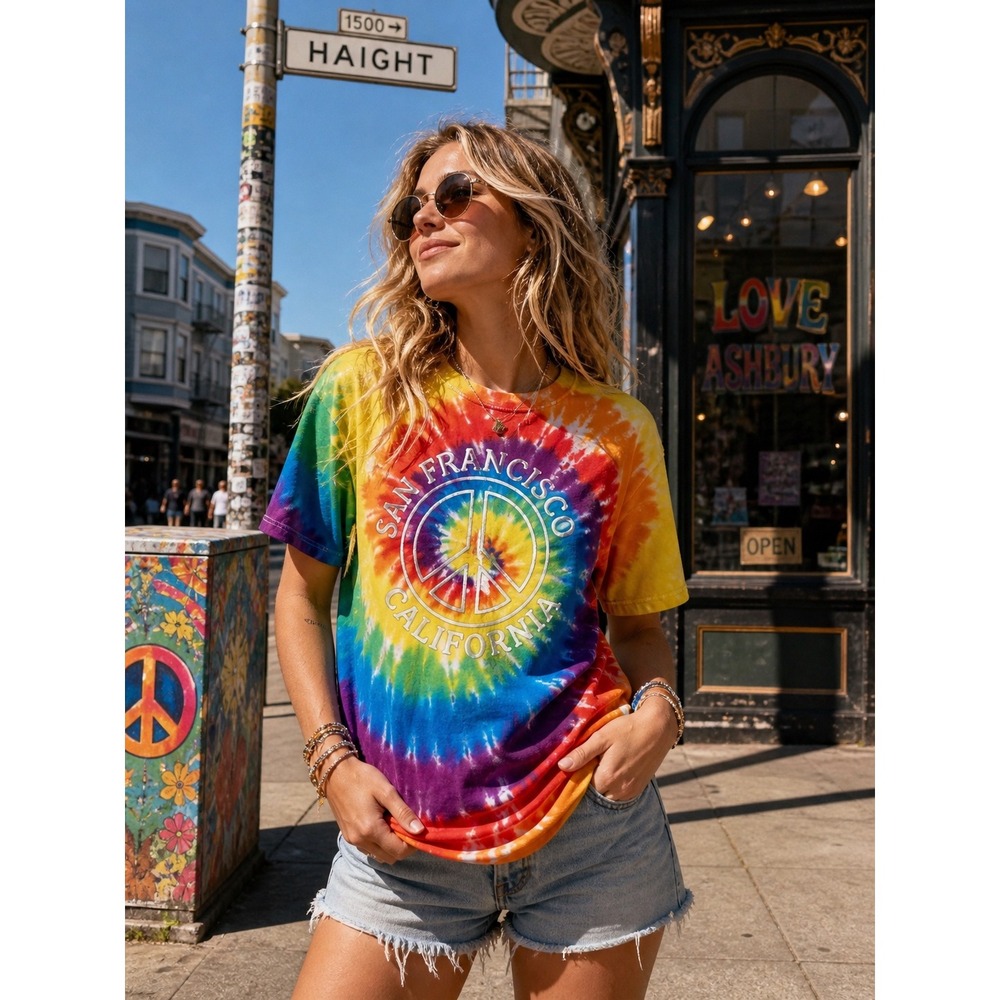 VTG San Francisco California Tie Dye T Shirt Peace Rainbow Tee Med Hippie 90s